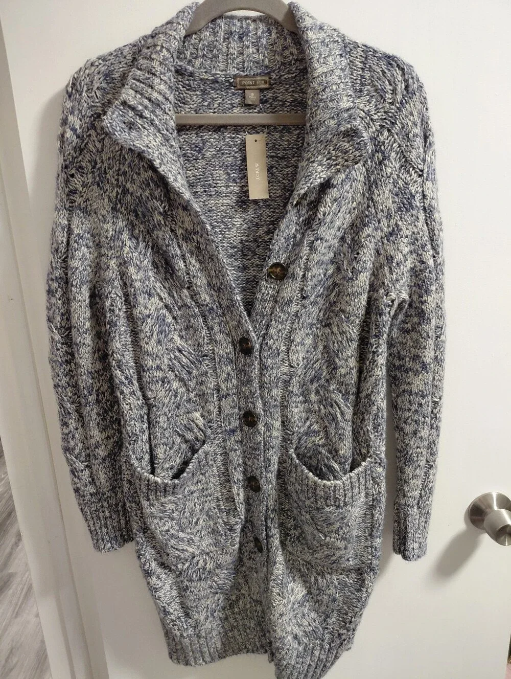 J. Crew Point Sur Blue & White Cable Knit Shawl-Collar Long Cardigan